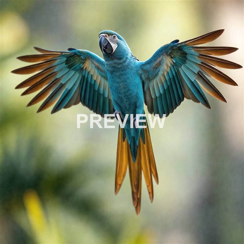 A vibrant blue macaw with outstretched wings flying against a blurred natural background.